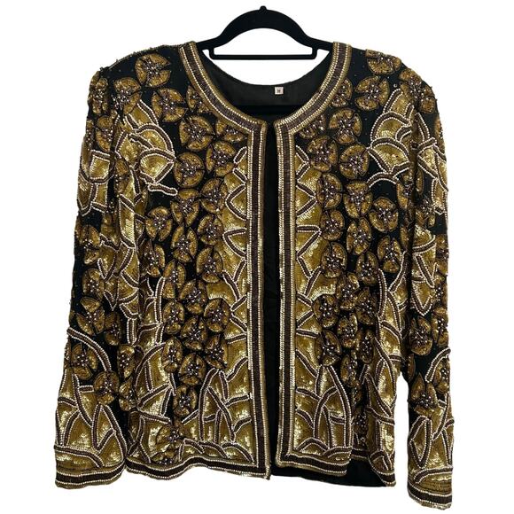 Vintage Handmade Silk Beaded Jacket M Gold India Wearable Art Collector Piece - Picture 4 of 16